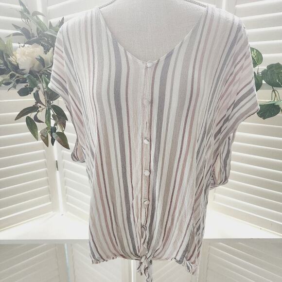TORRID STRIPE BROWN GRAY BUTTON DOWN TIE FRONT SIZE 3(3X) - Picture 1 of 8